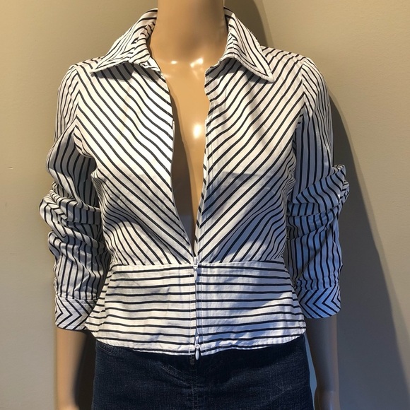 Jones of New York peplum signature striped zip up collared shirt - Picture 2 of 10